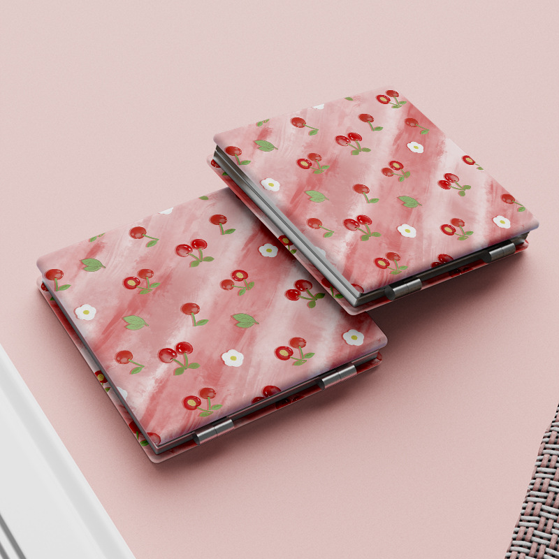 63g Weight Mirror Makeup Tools Types 1 Piece Quantity Pu Leather Material Cartoon, Peach, Cherry Pattern Cute Style Cute Cartoon Peach Cherry Pu Leather Mirror 1 Piece 6
