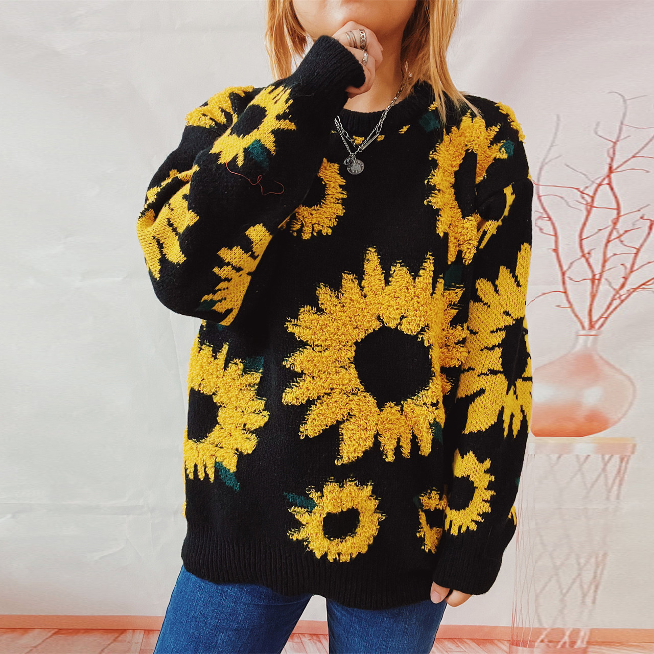 Women's Clothing autumn and winter tops sunflower jacquard round neck long sleeved knitted pullover sweater _voghion.com