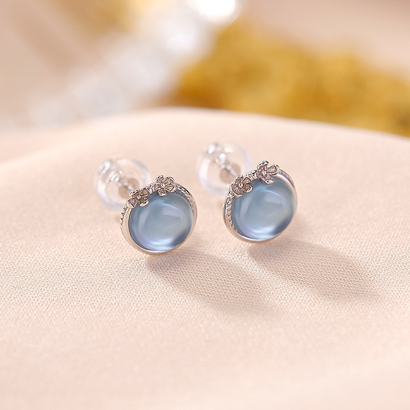 Bông tai bạc 925 đính đá xanh ngọc hình tròn đơn giản — Cặp đôi