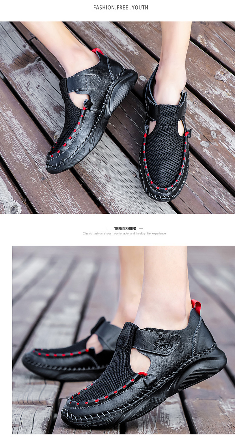 Cross-border plus-size men's sandals 2021 Summer new style mesh shoes, perforated breathable cowhide outdoor sports wading slippers undefined