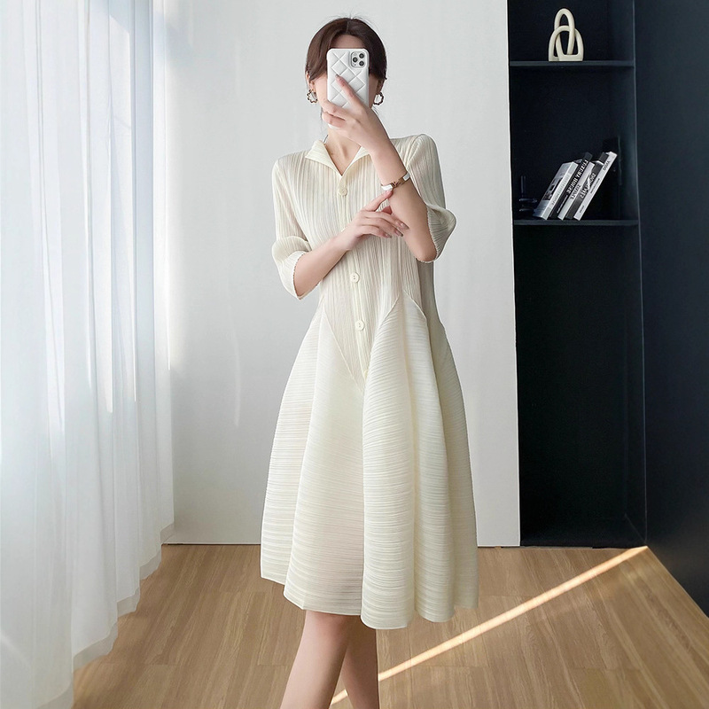 Miyake Style Gentle, Elegant, Comfortable, Simple, Slim Waist Dress for Women 2023 Summer New Casual Pleats