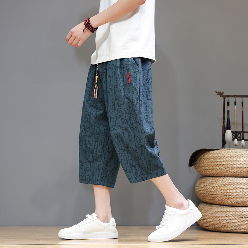 2025 Chinese Style Pants Men's Summer New Jacquard Cotton Linen Capri Pants Loose Straight Retro Pants Shorts