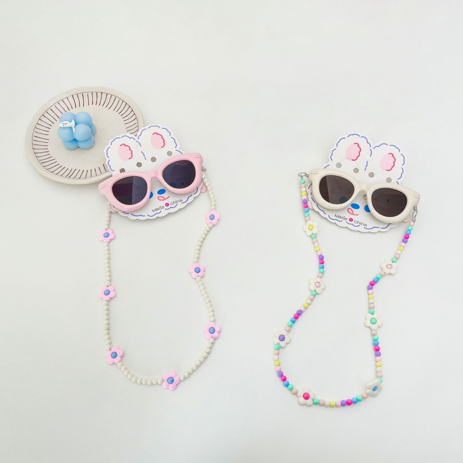 ins verano dopamina niños gafas de sol con cadena conjunto de gafas de sol anti-UV bebé colgar cuello