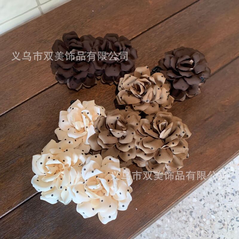 Red Tea Rose~Korean Polka Dot Flower Banana Clip for Women with Full Back of Head High Ponytail Vertical Clip New Style