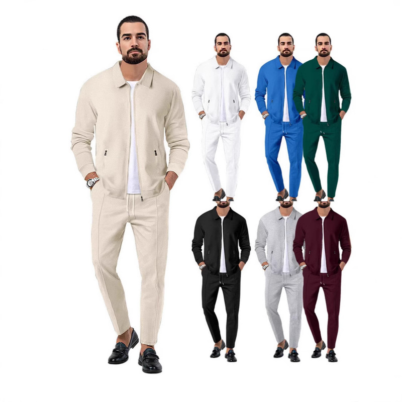 Men's Casual Sports Suit Cross-Border Autumn Youth Zipper Waffle Pocket Lapel Slim Jacket Casual Pants