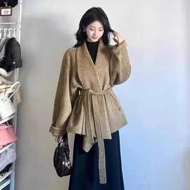 卡其色浴袍款系带羊毛呢外套秋冬女装小众慵懒风宽松显瘦呢子大衣