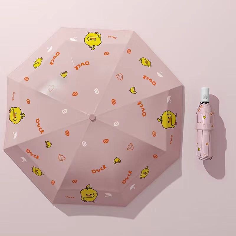 漫画の小さい黄色のアヒルの子供の傘の全自動の黒いゴムは紫外線を防ぎます。