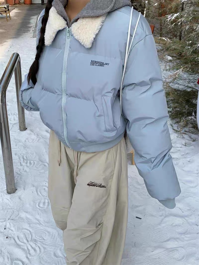 Letras bordadas empalmadas con solapa plumón chaqueta de algodón para mujeres 2025 invierno suelto y grueso chaqueta corta de algodón image 7