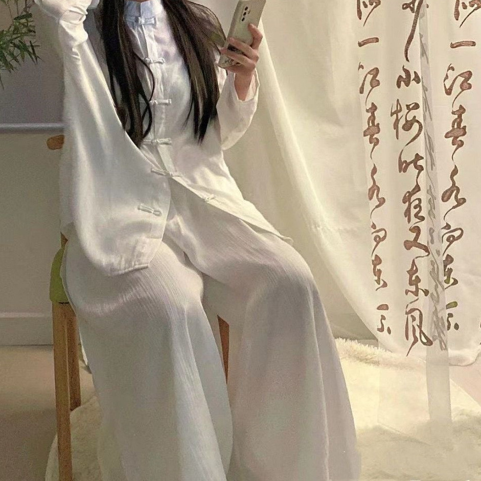 Chinese-style modern Zen-inspired women's jacket, traditional Chinese knot-button spring-summer top, tea attire, Hanfu, white shirt set, Tang suit