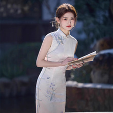 2025春夏新款无袖双层仿醋酸提花长款旗袍淡紫色花朵气质修身旗袍