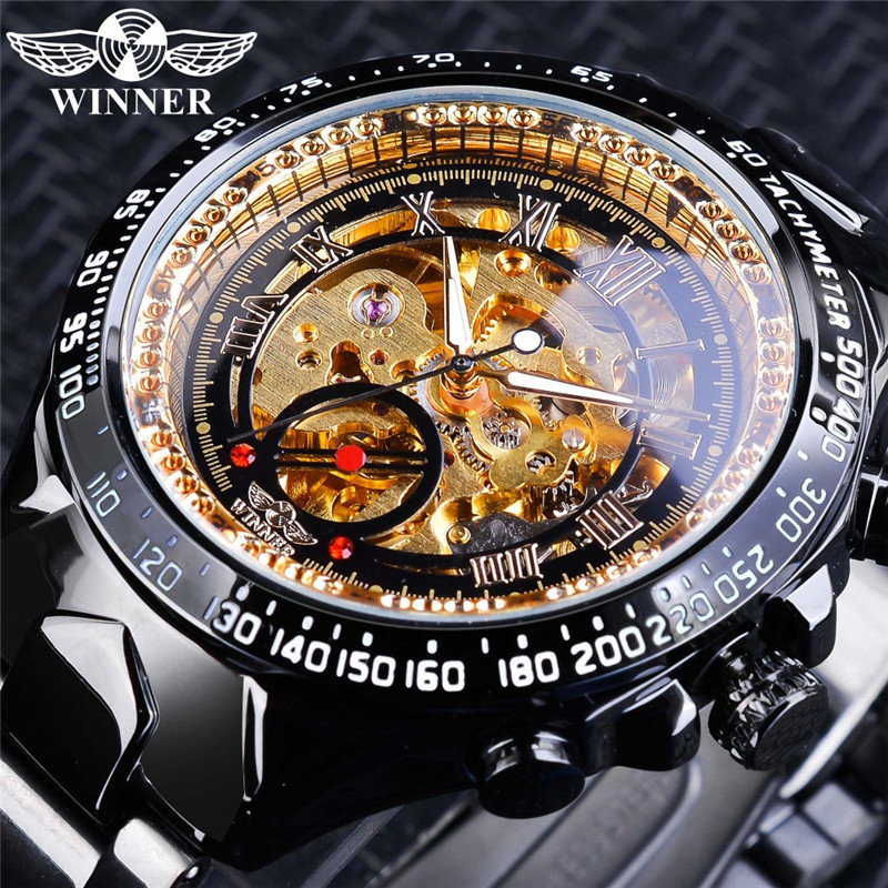 Men's Automatic Skeleton Watch Gold Tone Mechanical Wristwatch_voghion.com