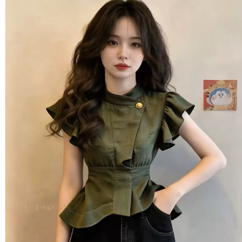 French-Style Design Buttoned Ruffle Shirt for Women, High-Waisted, Elegant, Workwear Style, Plus Size, Fashionable for Spring and Summer