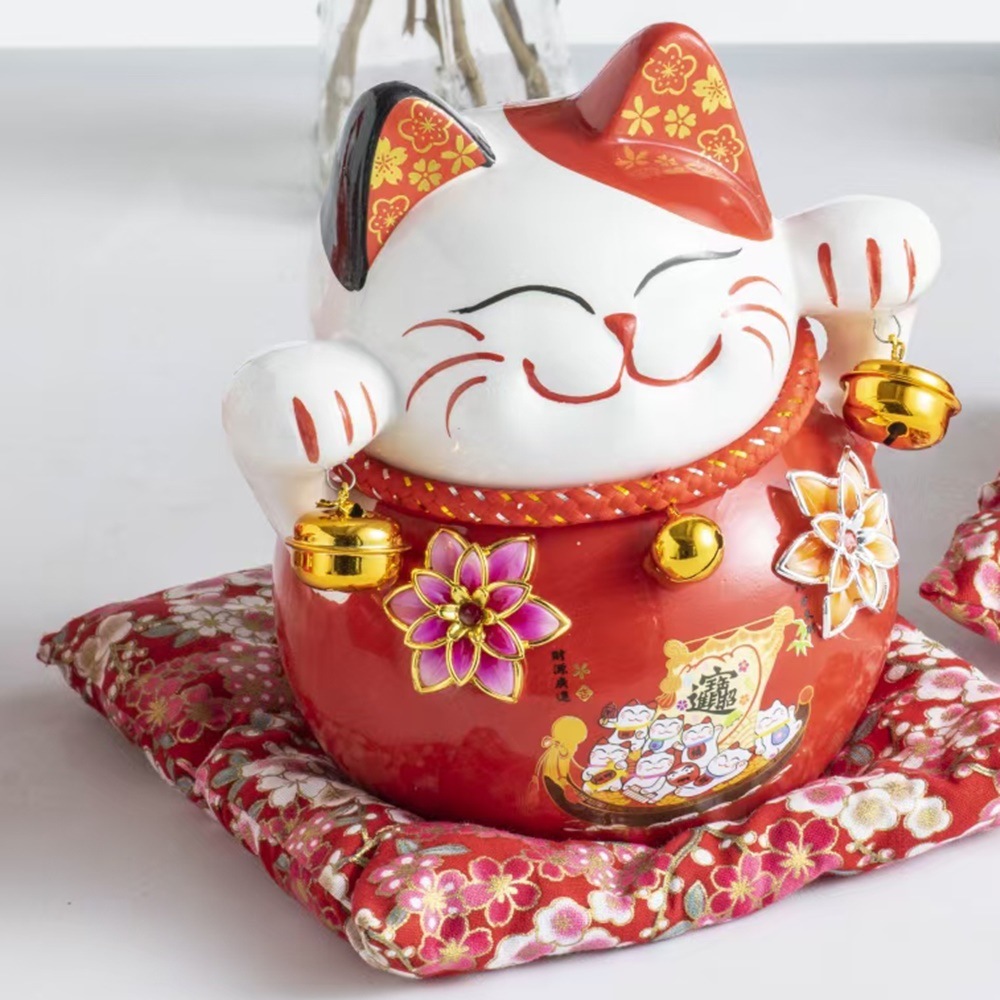 Estilo japonés gato afortunado 7-pulgadas rojo esmalte de Bell lindo cajero decoración hogar alcancía cerámica regalo de apertura image 4
