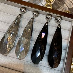 复古法式黑色灰色水晶大水滴S925银针耳环简约大气时尚耳饰