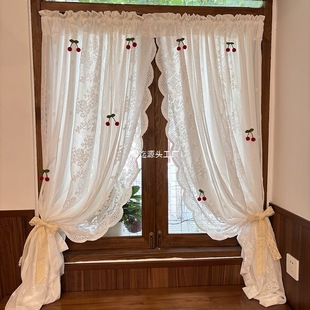 French-Style Cherry Double-Layer Cream-Colored Sheer Curtain with Lace, Light-Filtering but Not See-Through, Suitable for a Girl's Princess Bedroom Bay Window
