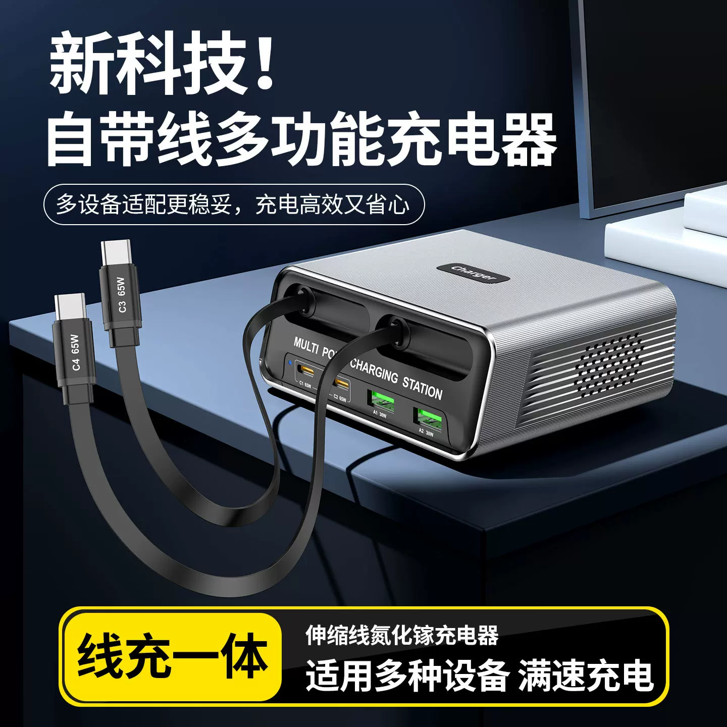 充电器适用iPhone苹果120W充电器氮化镓伸缩线自带线快充充电头