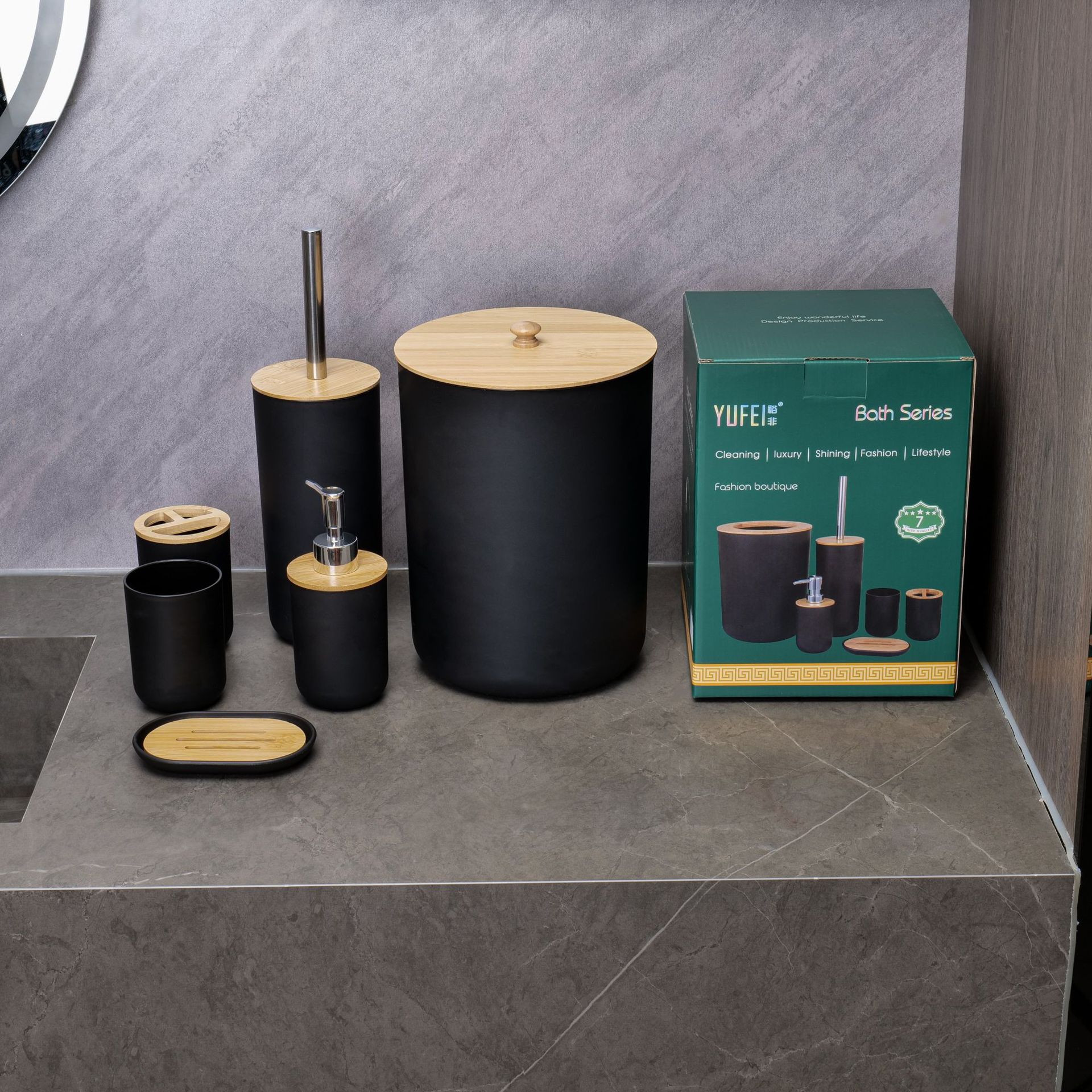 YUFEI Baño transfronterizo lavado de bambú y madera juego de seis piezas bomba de loción cepillo de dientes taza caja de jabón estilo nórdico traje simple