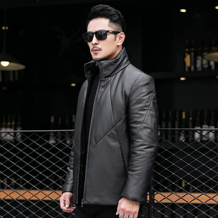 Warm jacket with down for leisure, genuine leather