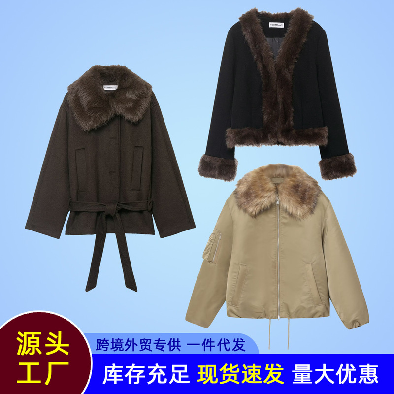 Vintage Old Money Style Wool-Blend Bomber Jacket with Fur Collar and Faux Fur Lapels