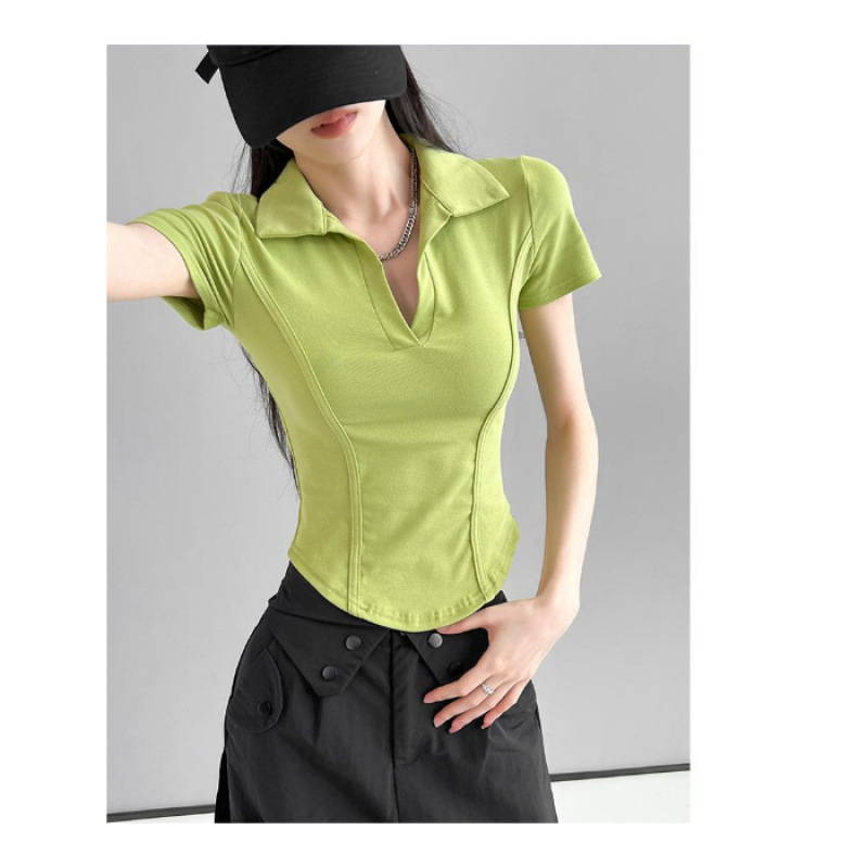 2025 夏の新ヨーロッパとアメリカのホットガールスタイルショルダー半袖 Tシャツ女性のポロラペルウエストフィッシュボーン痩身トップ|undefined