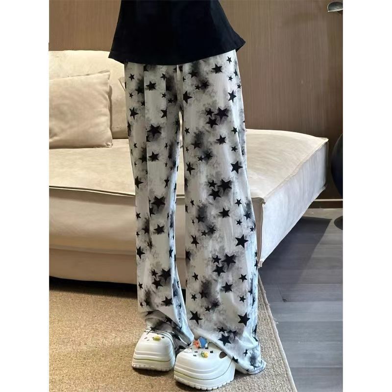 Plus-Size 150kg Tie-Dye Star Ice Silk Wide-Leg Pants for Women, Summer High-Waisted Slimming Loose Drape Straight Pants Plus-Size 150kg Tie-Dye Star Ice Silk Wide-Leg Pants for Women, Summer High-Waisted Slimming Loose Drape Straight Pants