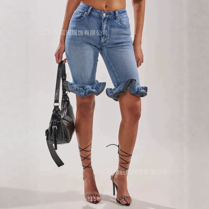 2026 Summer New European and American Cross-Border Style Elastic Tight-Fitting Washed Denim Shorts for Women with Rotating Lace Design 2026 Summer New European and American Cross-Border Style Elastic Tight-Fitting Washed Denim Shorts for Women with Rotating Lace Design