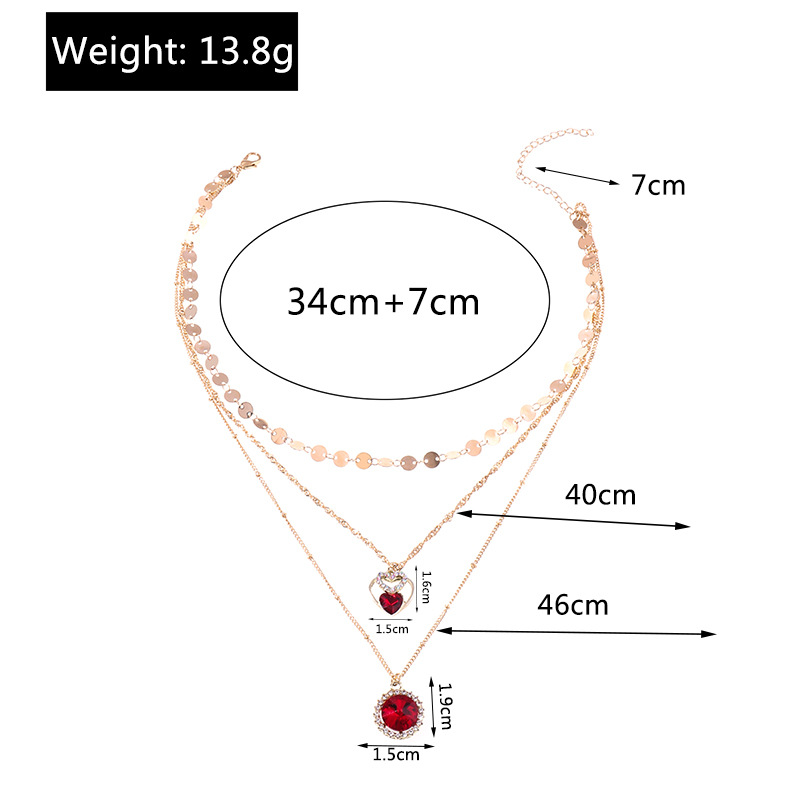 Simple Heart Ruby Pendant Disc Chain Multi-layer Necklace display picture 1