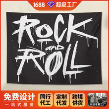 亚马逊rock and roll 旗帜黑白背景布工厂定制挂旗趣味挂毯挂布