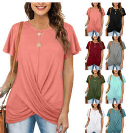 2022跨境外贸欧美女装亚马逊热卖独立站爆款圆领纯色扭结短袖T恤