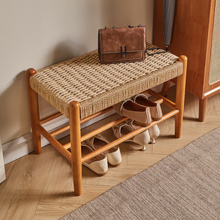 Solid Wood Woven Shoe-Changing Bench, Simple Shoe Rack Stool, Home Entrance Door Integrated Sit-Down Shoe-Wearing Bench