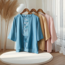 中国风文艺复古苎麻刺绣女夏季新款中式圆领新品上衣斜襟绣花茶服