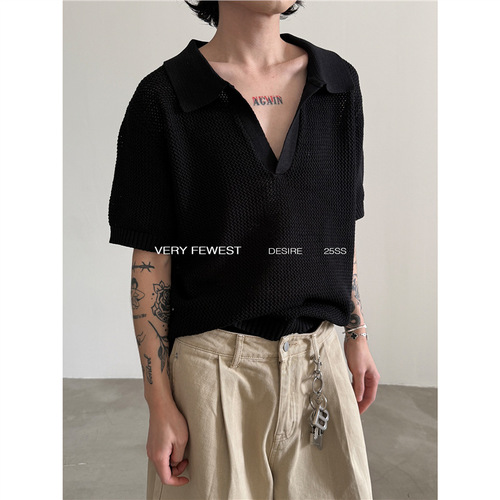 Elegant Italian V-neck Lace Polo Shirt 2025 Spring Summer New Casual Lace Commute Short Sleeve Knit Shirt