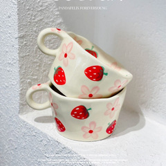 High-Quality Strawberry Flower Hand-Painted Mug, Ins Hand-Pressed Ceramic Cup, Children's Cute Breakfast Cup, Milk Cup 