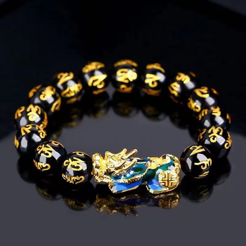 Imitación obsidiana pulsera chapada en oro mantra de seis palabras que preservan el color pulsera de cuentas de oro joyería de la suerte para los hombres