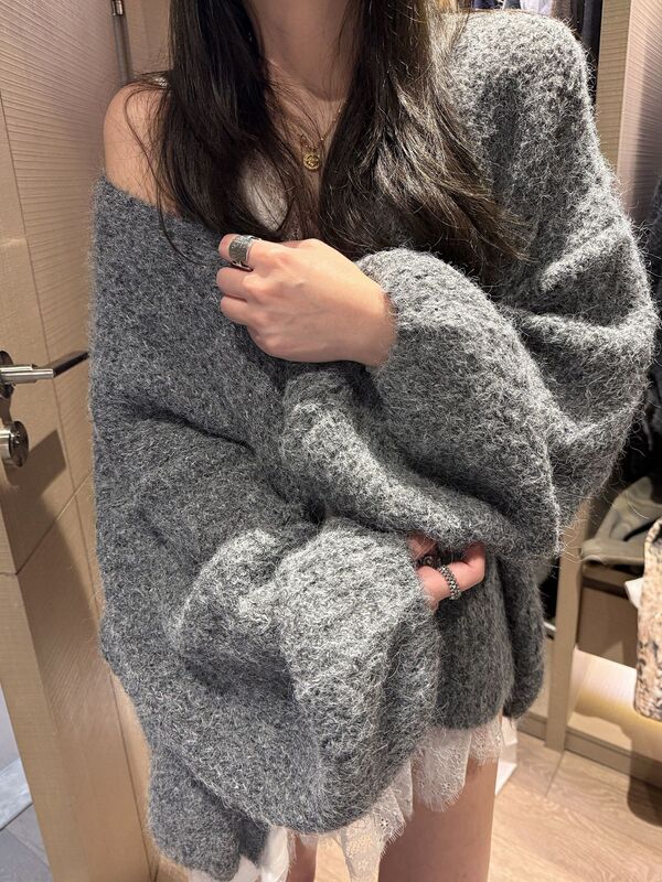 韩系慵懒松弛感灯笼袖软糯羊驼毛针织大开衫女早秋休闲毛衣外套|undefined