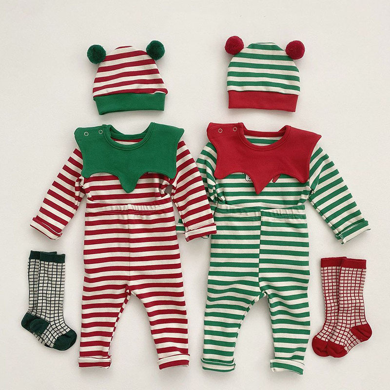 Estilo coreano Otoño e Invierno bebé recién nacido niños Navidad traje de cuatro piezas de manga larga pantalones a rayas sombrero desmontable mameluco traje de los niños