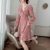 2021 spring new fashion V-neck floral skirt Long Sleeve Chiffon Dress