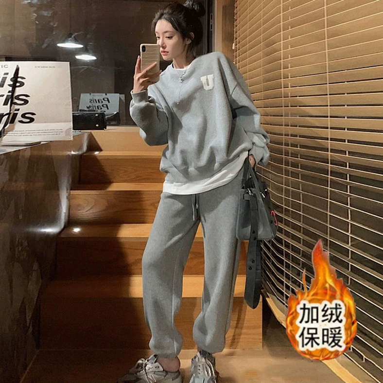 Осенне-Зимний новый свободный толстый Повседневный модный спортивный костюм на флисовой подкладке, женский свитер, брюки, комплект из двух предметов, трансграничная Внешняя торговля