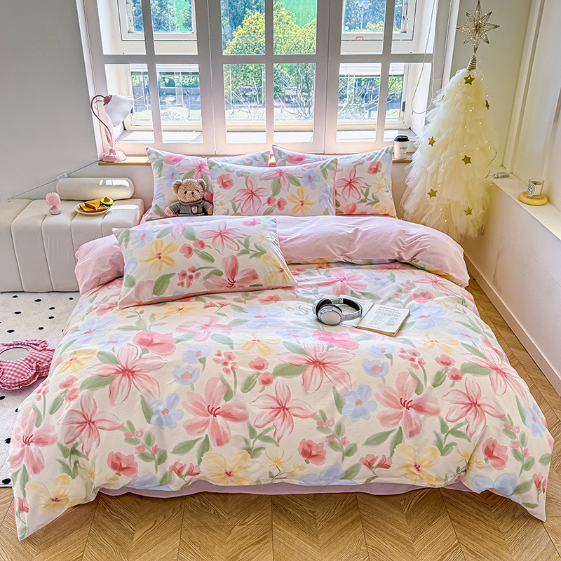 Algodón de cuatro piezas de ropa de cama de algodón 2025, nuevo edredón de flores frescas, sábanas de dormitorio de tres piezas de cuatro estaciones