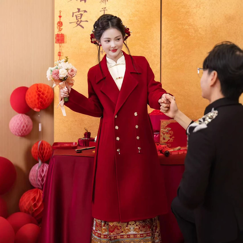 Jlx7516 Toasting Dress New Chinese Style Red Coat 2025 Autumn and Winter Petite Bride Wedding Coat Engagement Dress