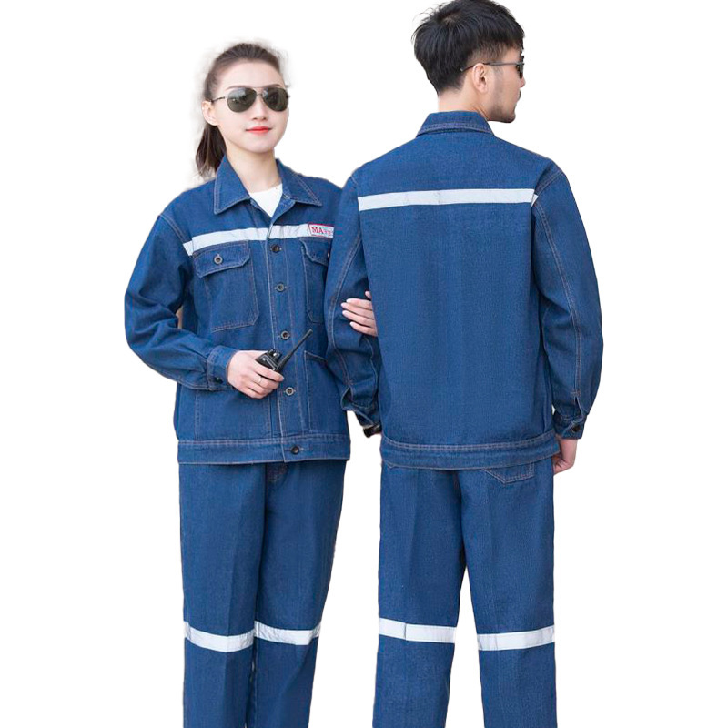 秋用デニム作業服セット 反射ストリップ付き 溶接工 電気技師 作業服 建設現場 長袖作業着 男性用 卸売|undefined