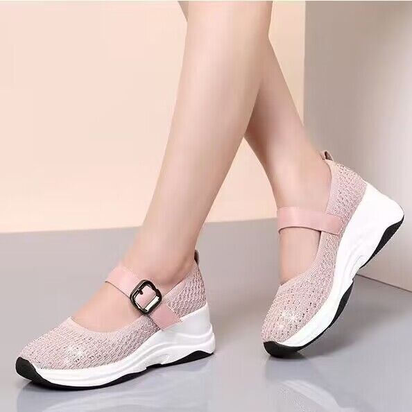 New Mary Jane Shoes Women's Spring and Summer Four Seasons Rhinestone Flat Wedge Heeled Niche Elegant Knitted Mesh High-end Single-layer Shoes