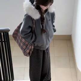 【纯潮复合银狐绒】复古连帽毛领灰色毛呢外套女秋冬季韩系
