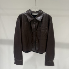 2025秋季新款女装可咖棕短款POLO领长袖皮衣外套女1G8210992