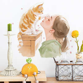 女孩猫咪温馨画面墙贴画多巴胺可移除宿舍装饰墙贴画 44035-抚眉