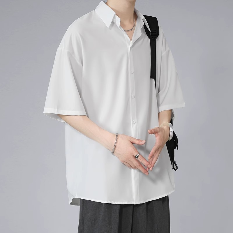 Men's Short-Sleeve Shirt Summer Thin Design Niche Drape Ice Silk Shirt Men's Ins Hong Kong Style Cool Versatile