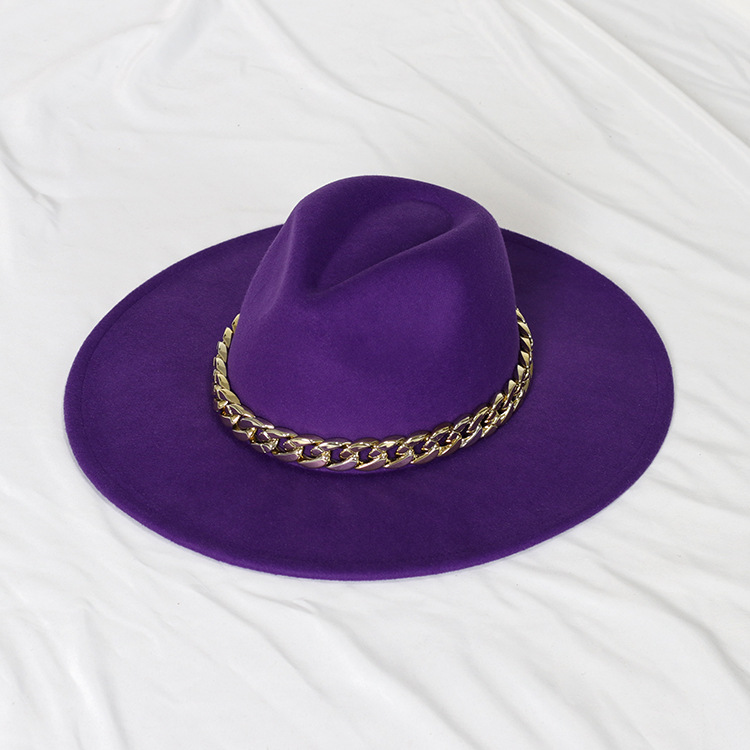 Sombrero de jazz con cadena dorada, sombrero francés vintage de ala ancha en forma de corazón para mujer, sombrero de fieltro oversize.