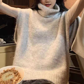 法式高领灰色针织马甲背心女秋冬慵懒风宽松无袖叠穿毛衣马夹上衣