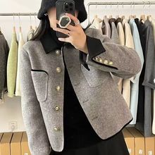 2023年秋冬女装新款双面羊绒大衣女短款韩版撞色小个子羊毛呢外套