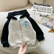 男童卡通印花拼色加绒连帽外套秋冬加厚加绒韩版男孩时尚休闲帽衫